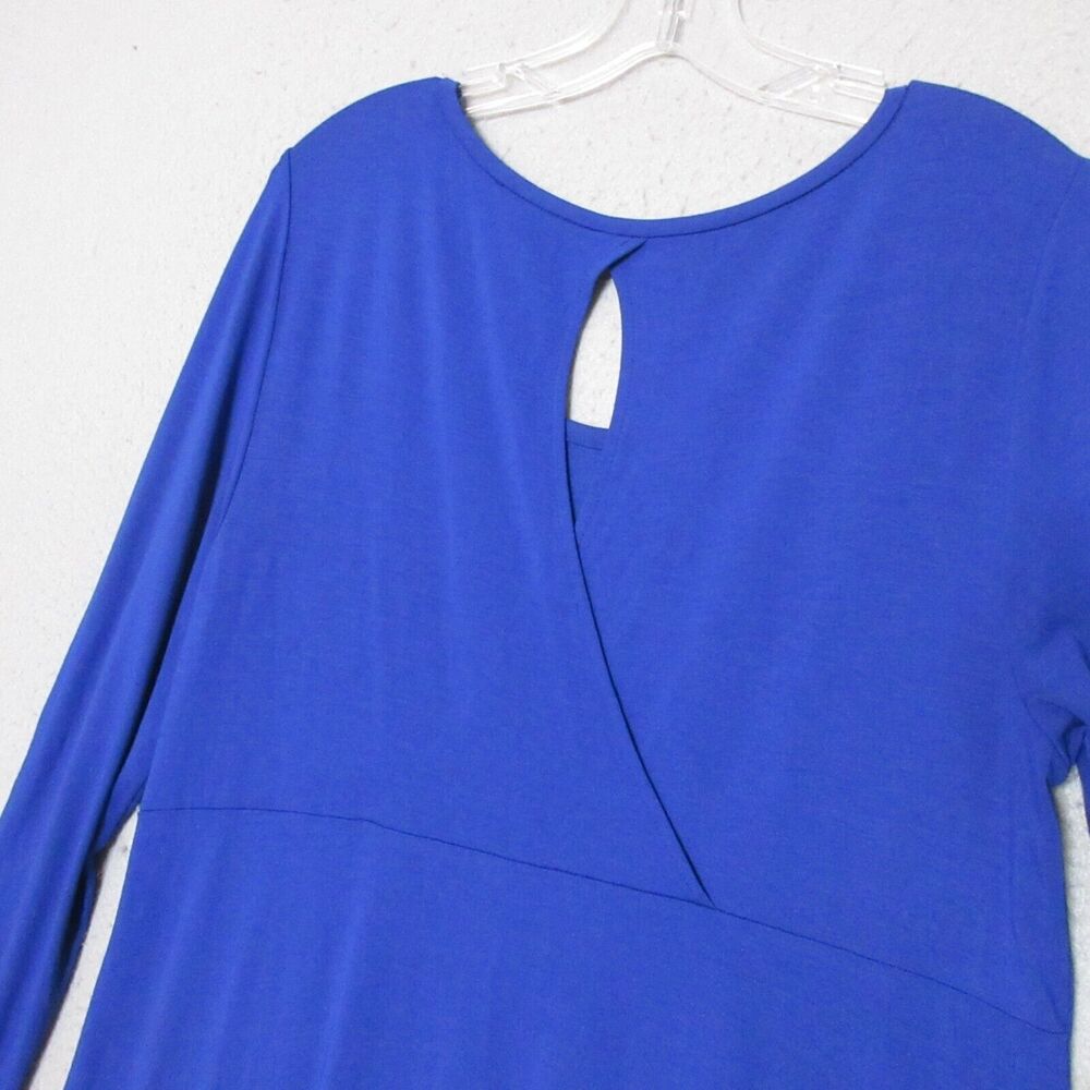 Eileen Fisher Dress Medium Blue Lagenlook Keyhole Back Midi Long Sleeve